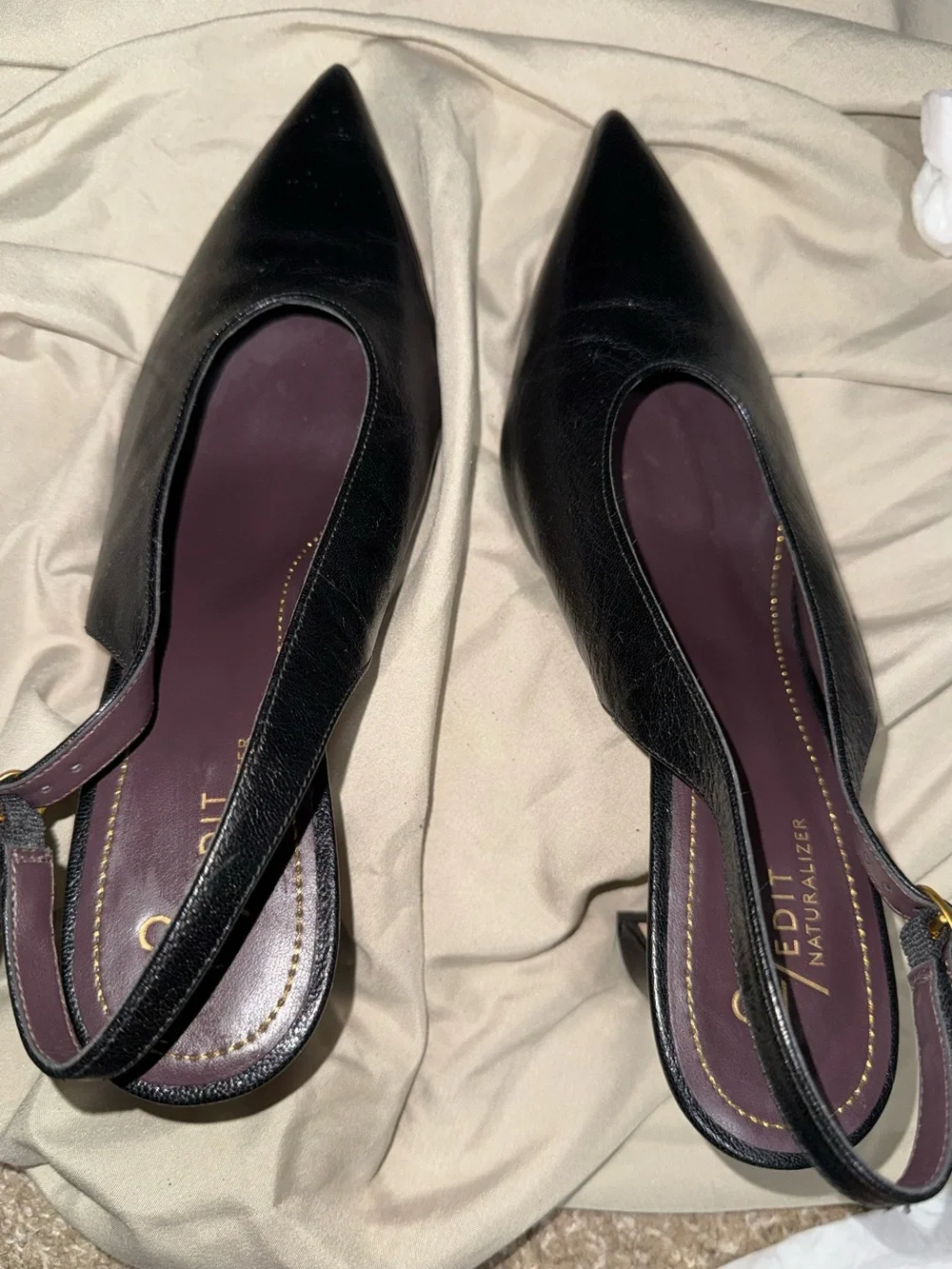 27 EDIT Black Pointed Slingback Mid Block Heels